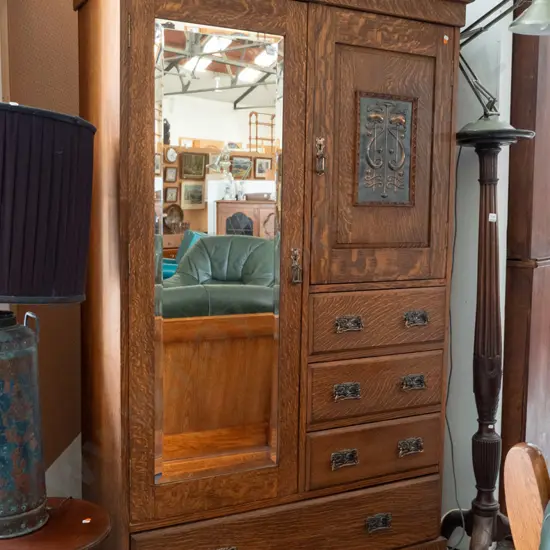 oak arts & crafts Beaconsfield style wardrobe - tall door with bevelled mirror, shirt cupboard with pressed metal