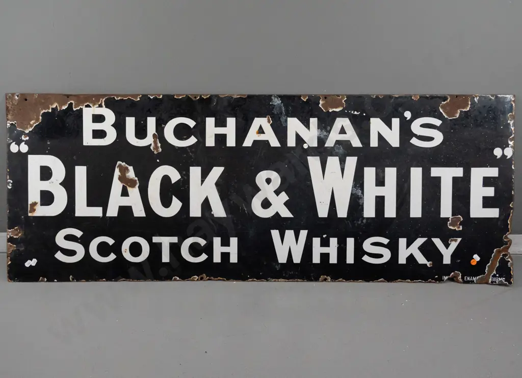 vintage enamel metal advertising sign - Buchanan's Black & White Scotch Whisky - remnant Imperial Enamel Co Birmingham Image 1++