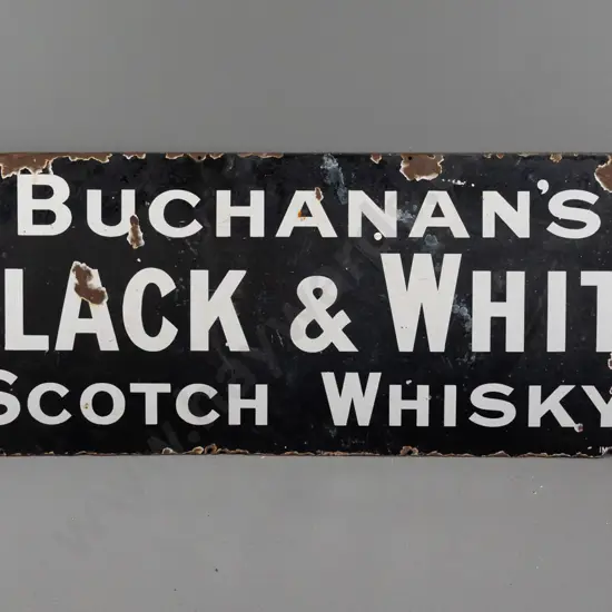 vintage enamel metal advertising sign - Buchanan's Black & White Scotch Whisky - remnant Imperial Enamel Co Birmingham