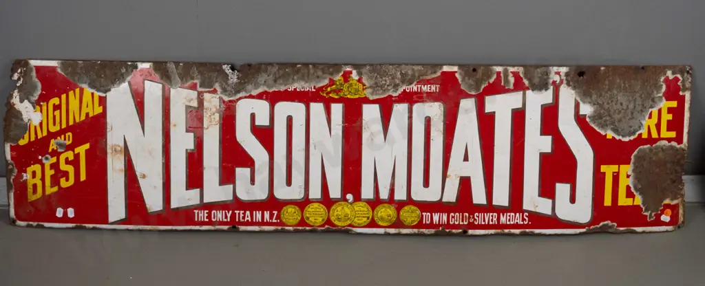 vintage enamel metal advertising sign - Nelson Moates tea, with manufacturer " & Abraham Palmerston North" Image 1++
