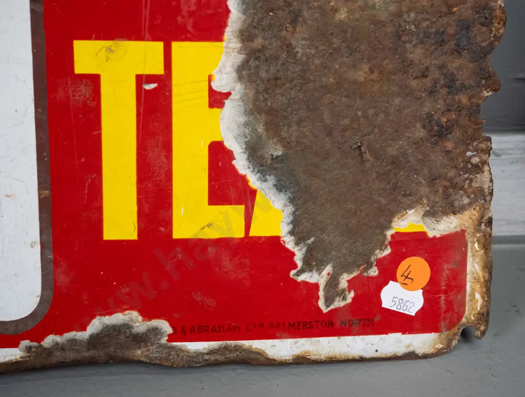 vintage enamel metal advertising sign - Nelson Moates tea, with manufacturer " & Abraham Palmerston North" Image 1++