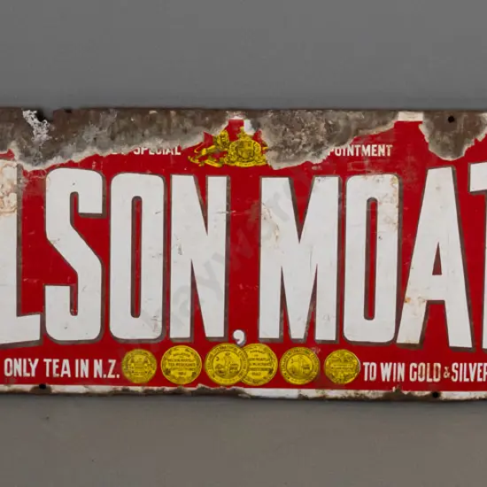 vintage enamel metal advertising sign - Nelson Moates tea, with manufacturer " & Abraham Palmerston North"