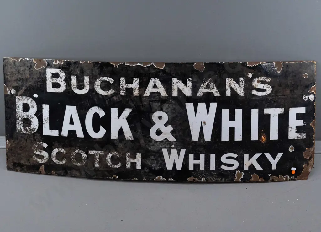 vintage enamel metal advertising sign - Buchanan's Black & White Scotch Whisky - remnant Imperial Enamel Co Birmingham Image 1++