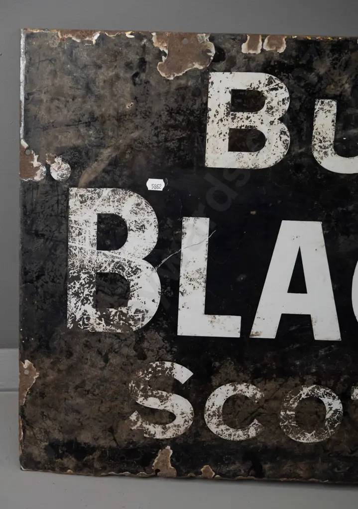 vintage enamel metal advertising sign - Buchanan's Black & White Scotch Whisky - remnant Imperial Enamel Co Birmingham Image 1++