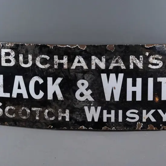 vintage enamel metal advertising sign - Buchanan's Black & White Scotch Whisky - remnant Imperial Enamel Co Birmingham