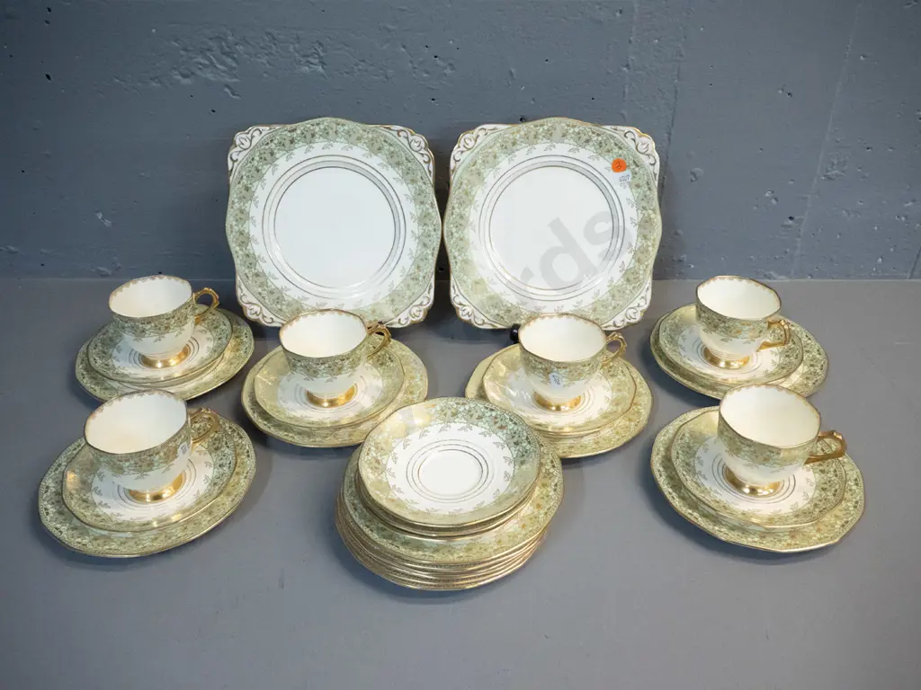 Etruscan "Plant" pattern tea ware - 6 trios, 2 cake plates, 3 spare saucers, 6 spare plates - some rubbing to gilt, some Image 1++