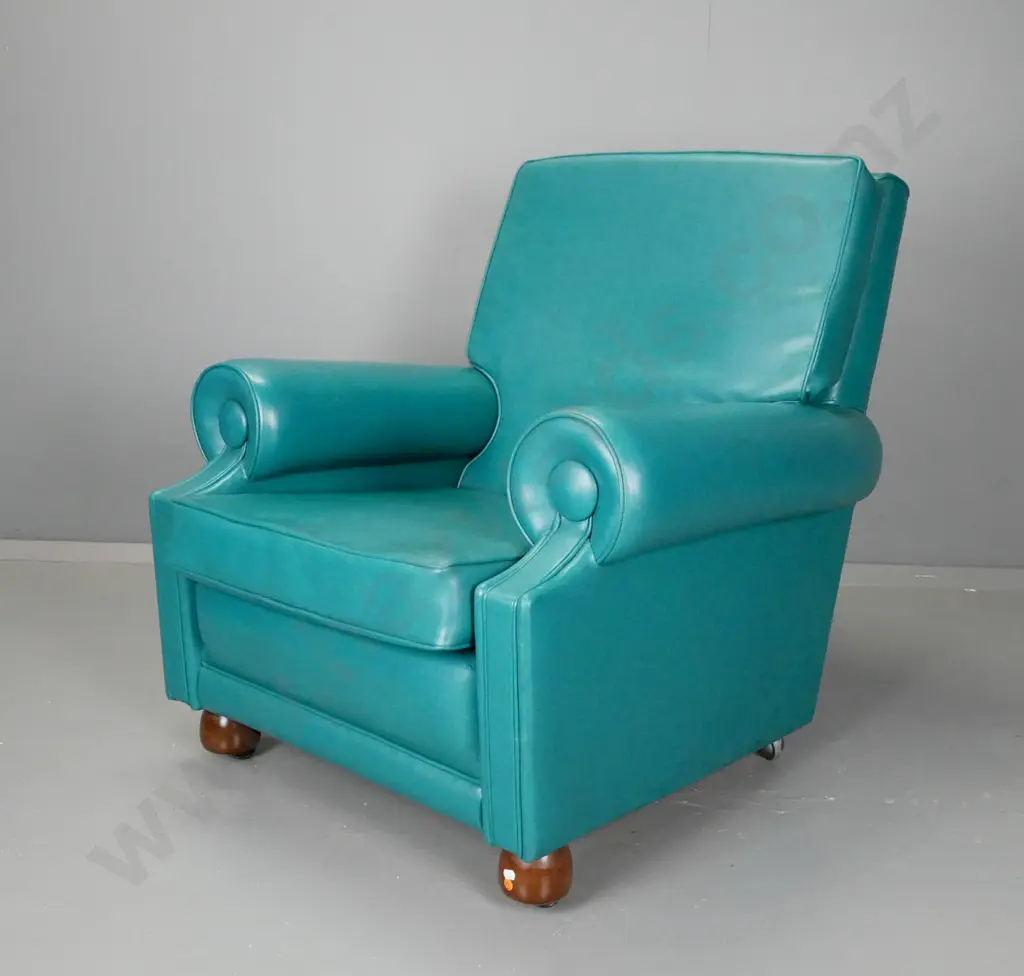 vintage armchair with teal vinyl upholstery, tube-shaped arms, piped edging, ball feet on small casters - repair to top Image 1++