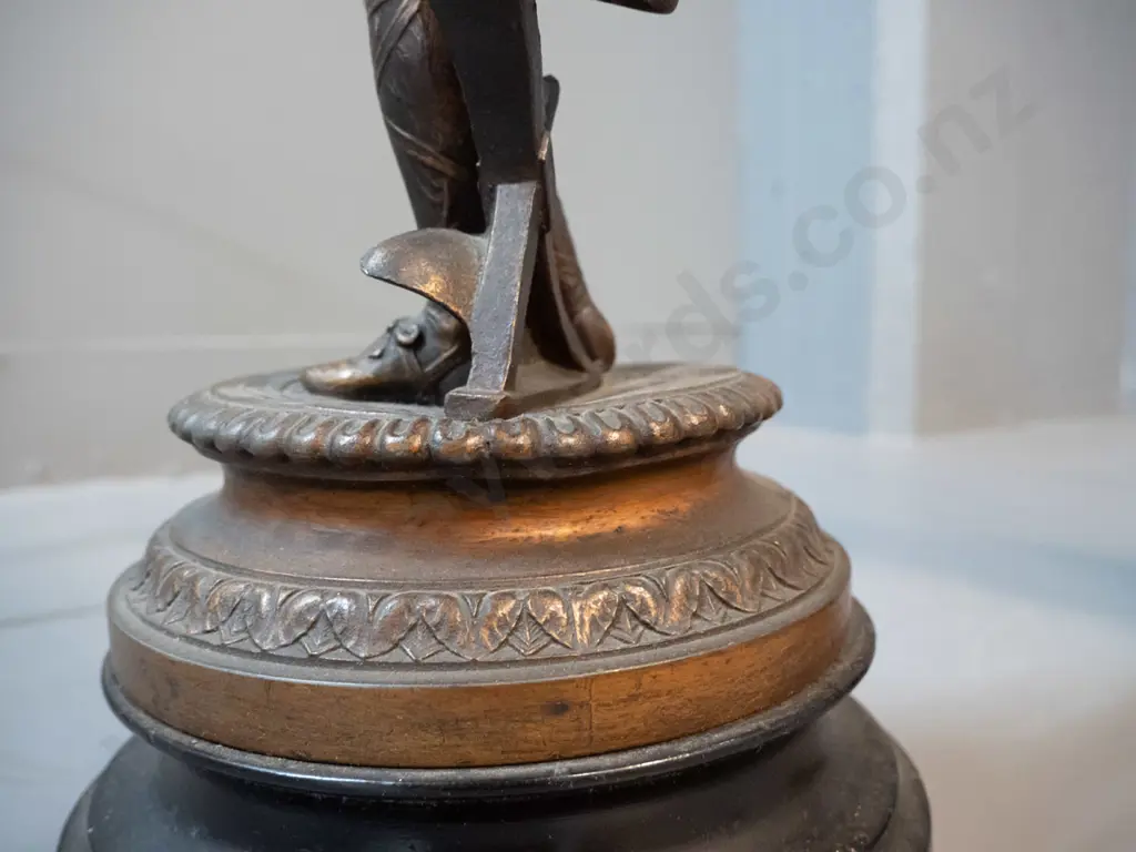 vintage pair of cast metal figures on painted timber bases - 18th century agricultural motifs H-390 - male figure leans Image 1++