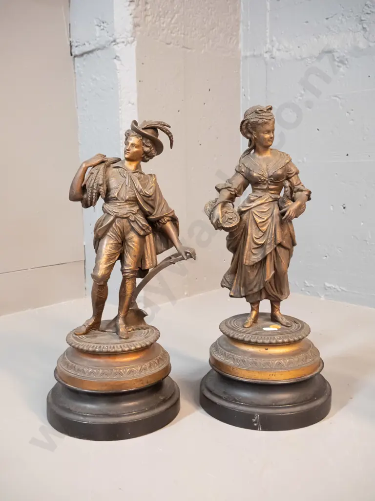 vintage pair of cast metal figures on painted timber bases - 18th century agricultural motifs H-390 - male figure leans Image 1++