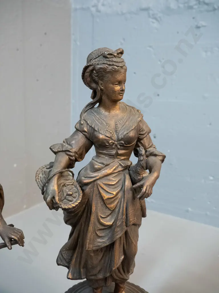 vintage pair of cast metal figures on painted timber bases - 18th century agricultural motifs H-390 - male figure leans Image 1++