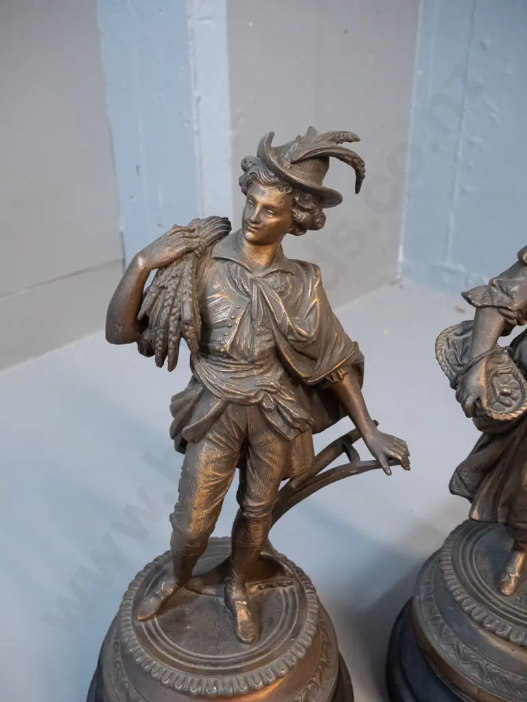 vintage pair of cast metal figures on painted timber bases - 18th century agricultural motifs H-390 - male figure leans Image 1++