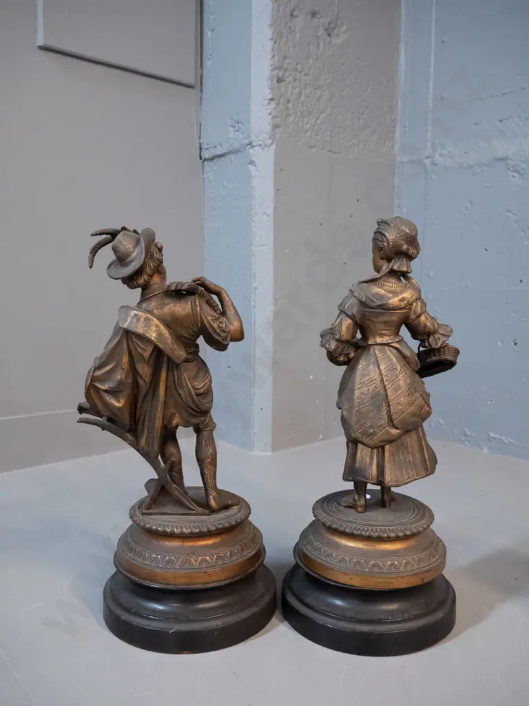vintage pair of cast metal figures on painted timber bases - 18th century agricultural motifs H-390 - male figure leans Image 1++