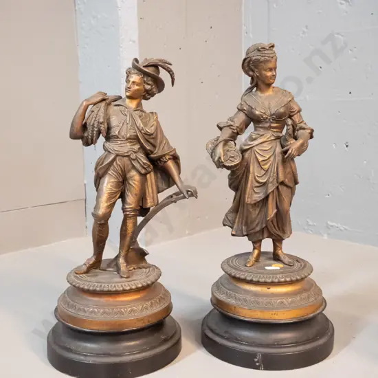 vintage pair of cast metal figures on painted timber bases - 18th century agricultural motifs H-390 - male figure leans