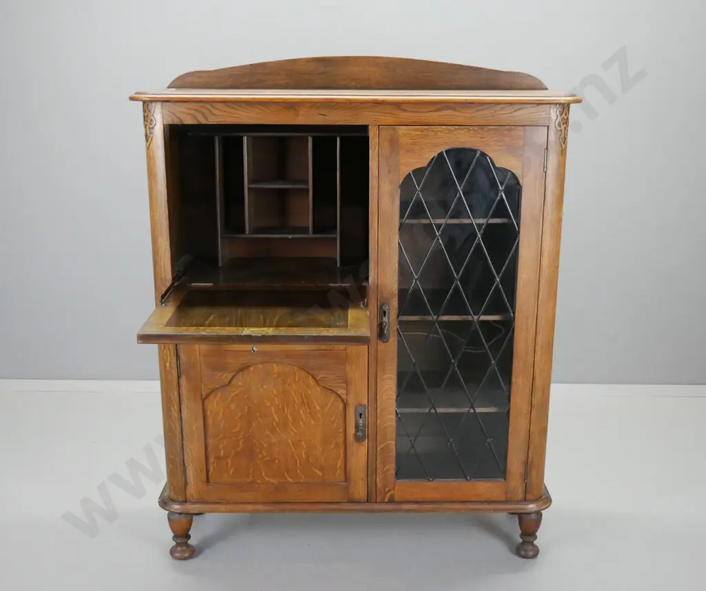 vintage deco oak bookcase / writing desk with single diamond leadlight door, single drawer and lower cupboard, interior Image 1++