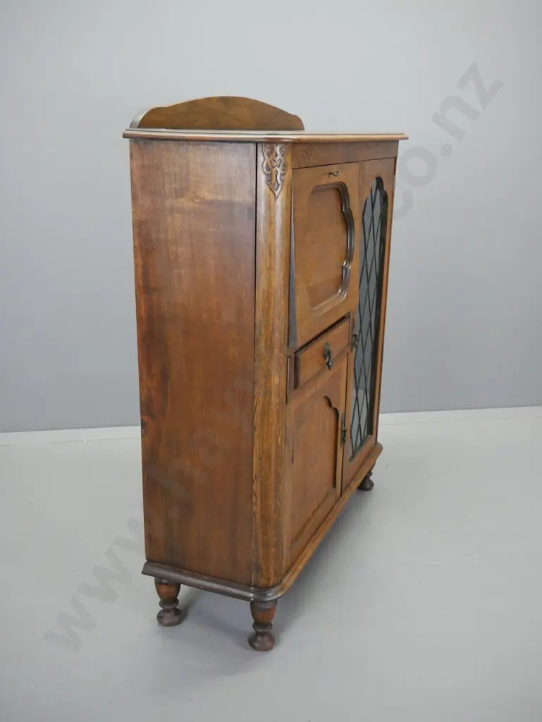vintage deco oak bookcase / writing desk with single diamond leadlight door, single drawer and lower cupboard, interior Image 1++