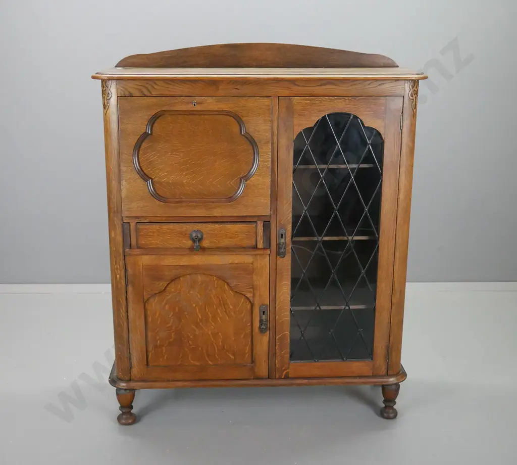 vintage deco oak bookcase / writing desk with single diamond leadlight door, single drawer and lower cupboard, interior Image 1++
