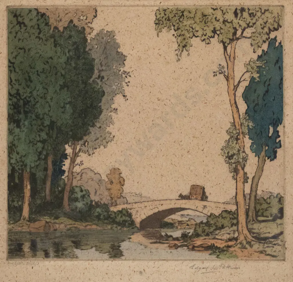 Edgar L Patterson - framed lithograph "The Little Bridge" H - 190 W - 210 Image 1++