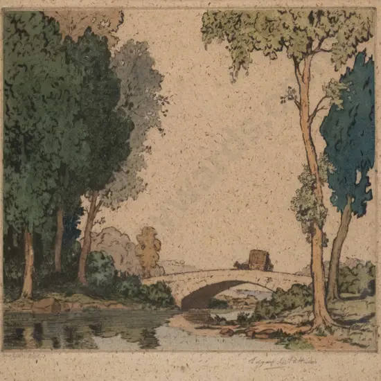 Edgar L Patterson - framed lithograph "The Little Bridge" H - 190 W - 210