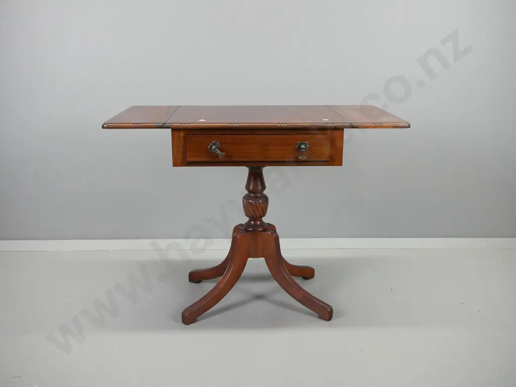 reproduction mahogany drop-side sofa table with drawer, on turned pedestal base w/4 fluted legs - wear to polish on top. Image 1++