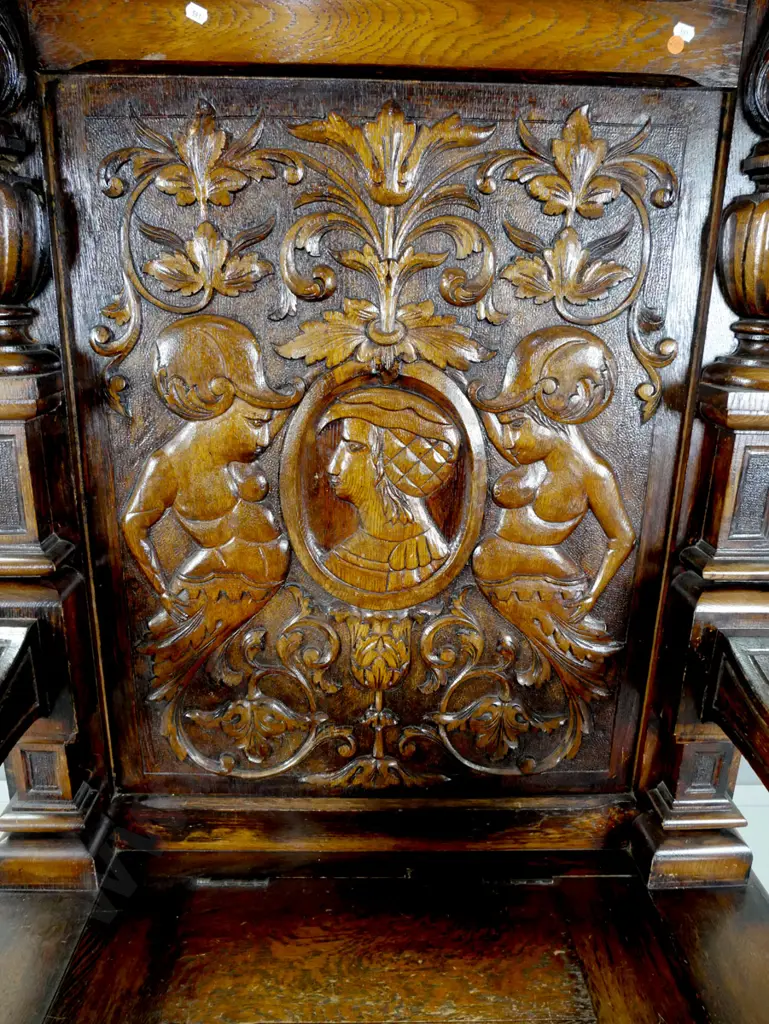 Antique northern European profusely carved oak tall hall seat with lift up storage seat, shaped cornice, carved panels, Image 1++