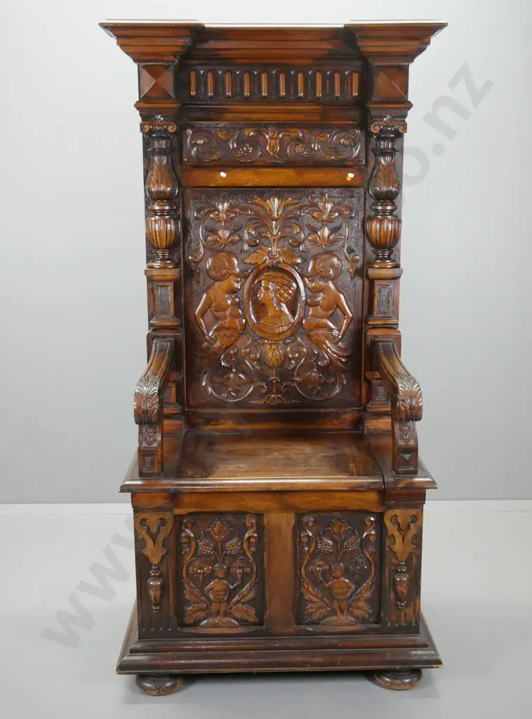 Antique northern European profusely carved oak tall hall seat with lift up storage seat, shaped cornice, carved panels, Image 1++