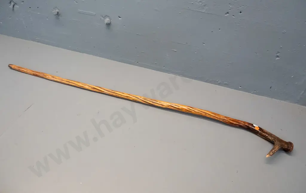 lancewood walking stick with deer antler handle with paua shell inset and copper ferrule on tip L-1150 Image 1++