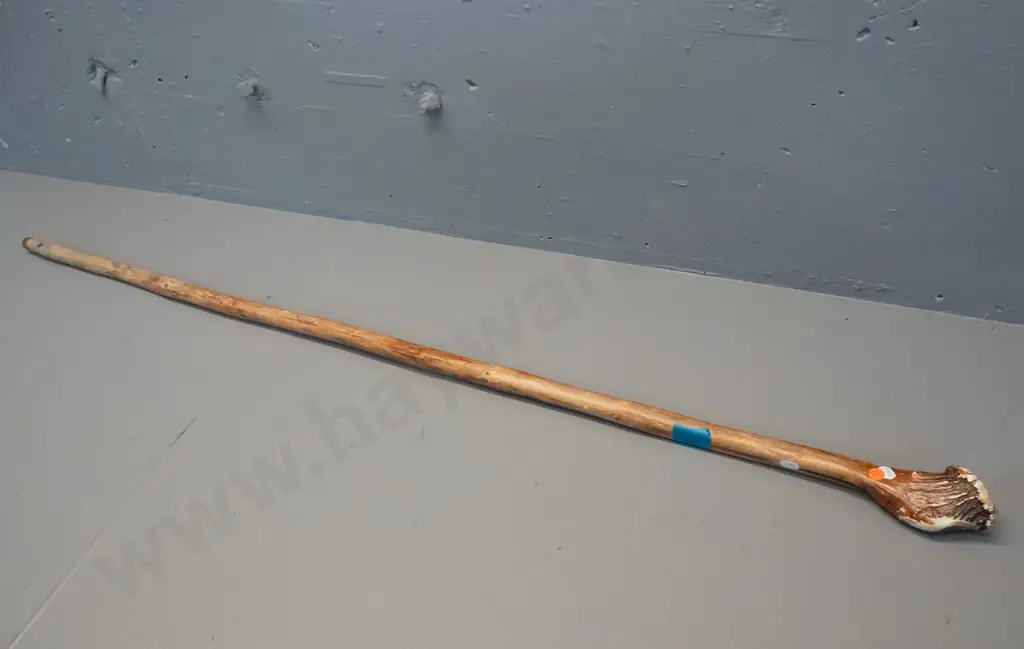 timber walking stick with deer antler handle with 2 paua shell insets and copper ferrule on tip L-1200 Image 1++
