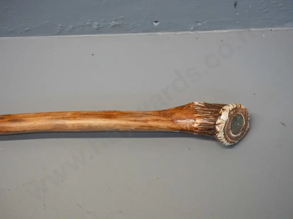 timber walking stick with deer antler handle with 2 paua shell insets and copper ferrule on tip L-1200 Image 1++