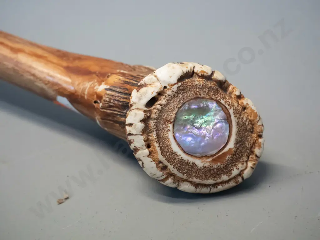 timber walking stick with deer antler handle with 2 paua shell insets and copper ferrule on tip L-1200 Image 1++