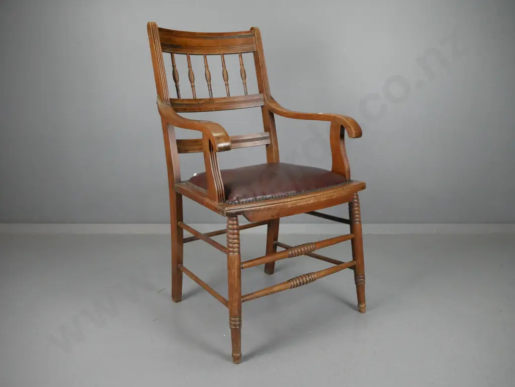 vintage spindle-back open-arm chair on turned legs and turned stretcher base, studded leather upholstered seat - one arm Image 1++