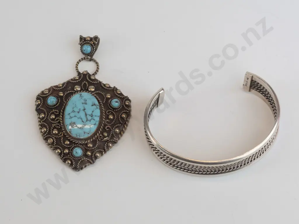 silver cuff bangle stamped sterling & large turquoise pendant no chain stamped Alpacca Image 1++