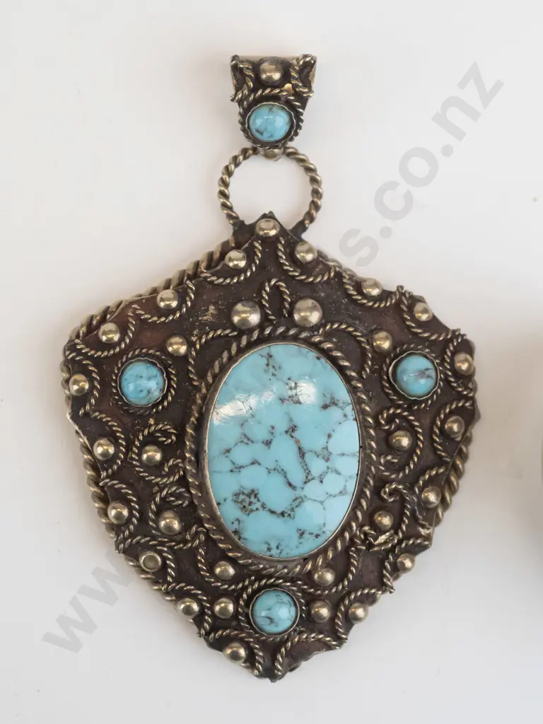 silver cuff bangle stamped sterling & large turquoise pendant no chain stamped Alpacca Image 1++