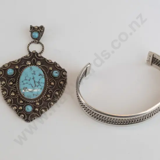 silver cuff bangle stamped sterling & large turquoise pendant no chain stamped Alpacca