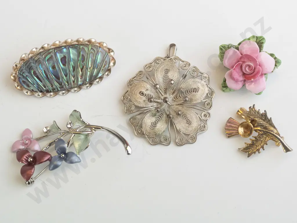 silver paua shell brooch stamped stg & 4 asstd costume brooches Image 1++