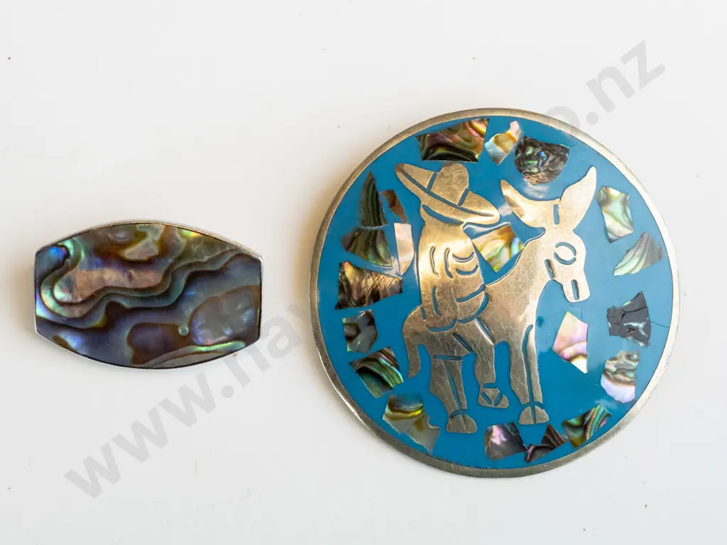 paua shell brooch [stampes stg s] & enamel brooch [stamped Mexico] Image 1++