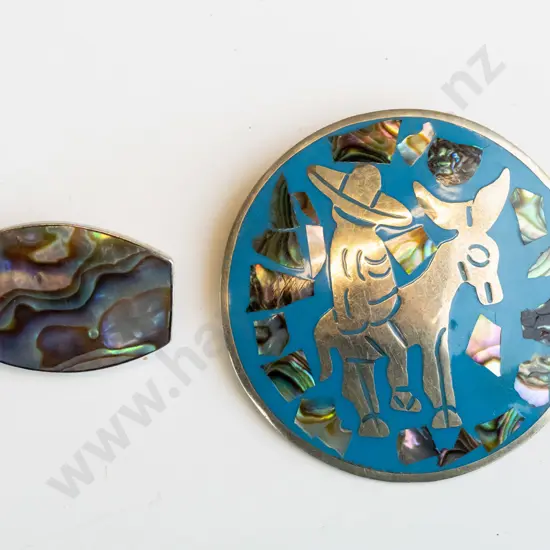 paua shell brooch [stampes stg s] & enamel brooch [stamped Mexico]