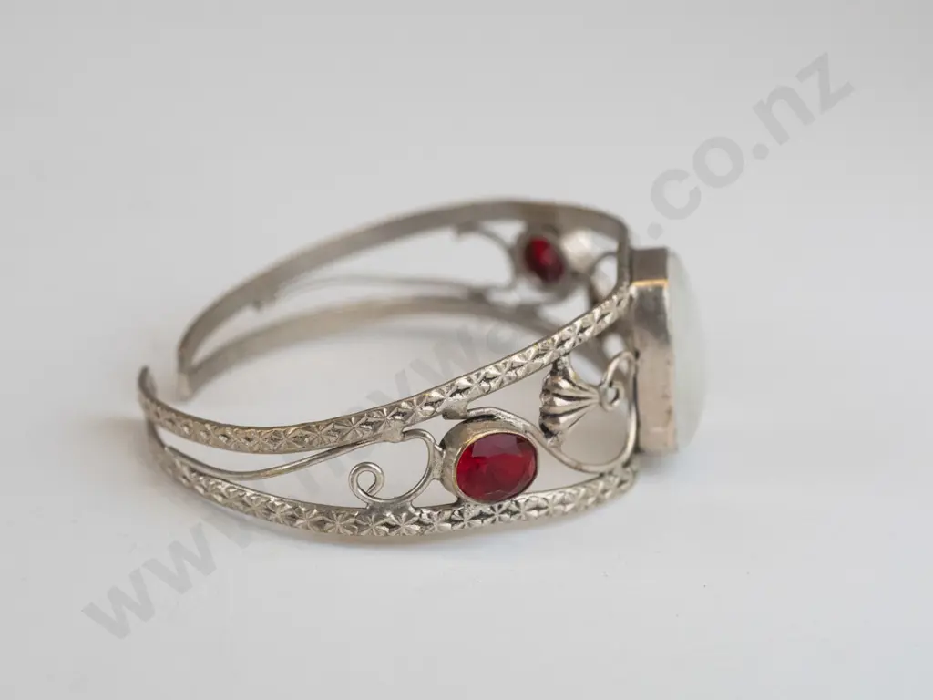 silver cuff bangle with 2 red stones & 1 large white stone stamped 925 Image 1++