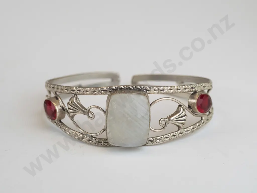 silver cuff bangle with 2 red stones & 1 large white stone stamped 925 Image 1++