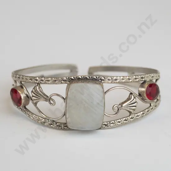 silver cuff bangle with 2 red stones & 1 large white stone stamped 925