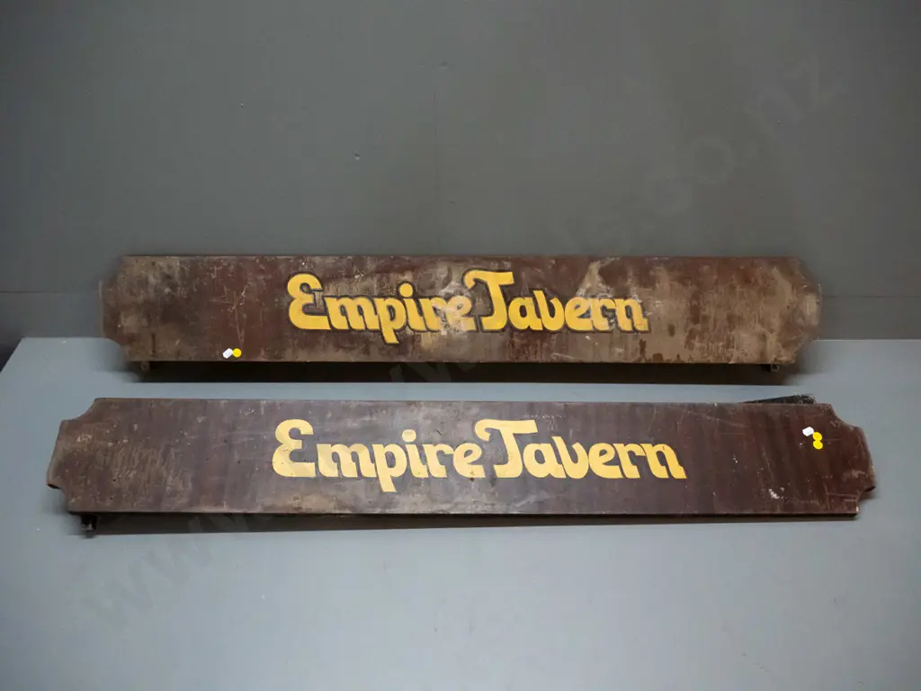 two large restorer's painted timber Empire Tavern signs. Wear to paint, corrosion to metal, Image 1++