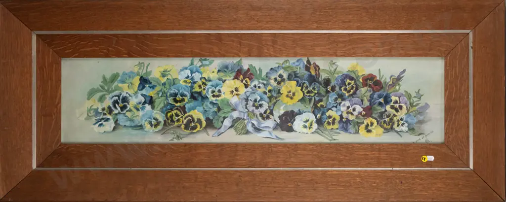 oak framed oil "A yard of pansies" H-200 W-900 Image 1++