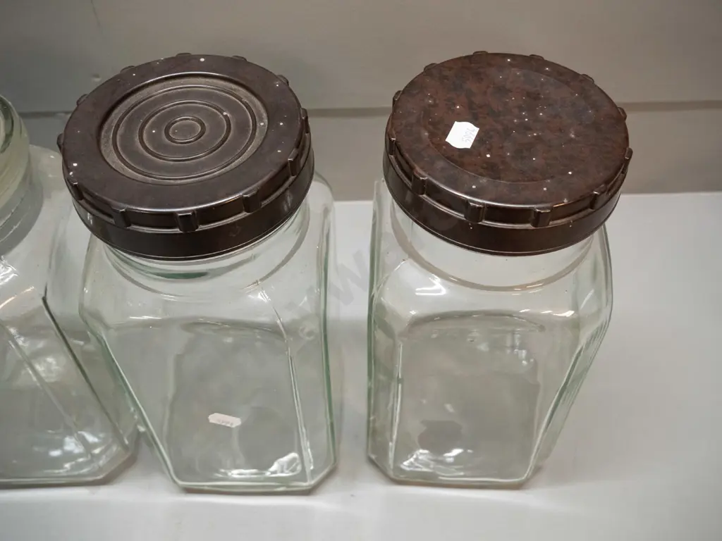 5 vintage glass confectionary / kitchen storage jars - 2 with bakelite lids, 3 w/ glass, 2 are stuck in place. Glass Image 1++