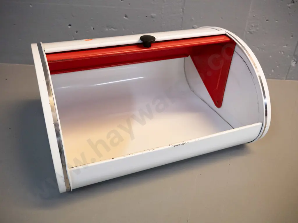 retro red & white pressed tin bread bin w/plastic knob - some pitting/chips, "Bread" sticker worn H-185 W-360 D-310 Image 1++
