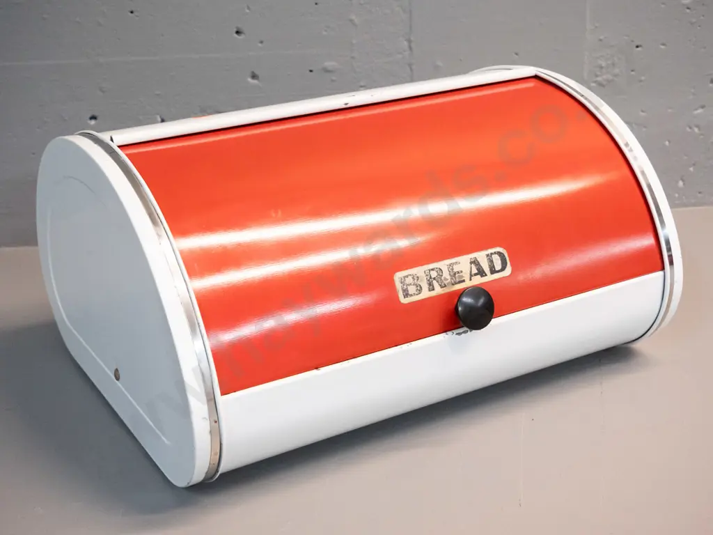retro red & white pressed tin bread bin w/plastic knob - some pitting/chips, "Bread" sticker worn H-185 W-360 D-310 Image 1++