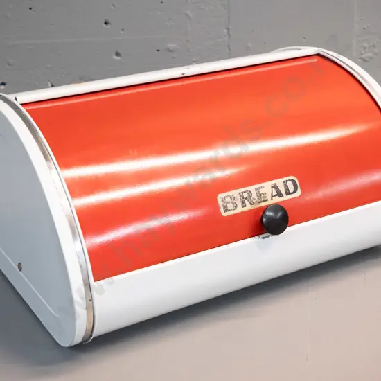 retro red & white pressed tin bread bin w/plastic knob - some pitting/chips, "Bread" sticker worn H-185 W-360 D-310