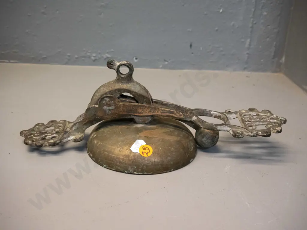 vintage cast brass vertical mount door bell with "SL" mark on brackets. General age wear, some paint remnants H-310 Bell Image 1++