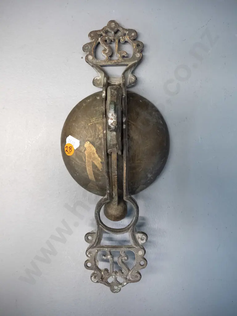 vintage cast brass vertical mount door bell with "SL" mark on brackets. General age wear, some paint remnants H-310 Bell Image 1++