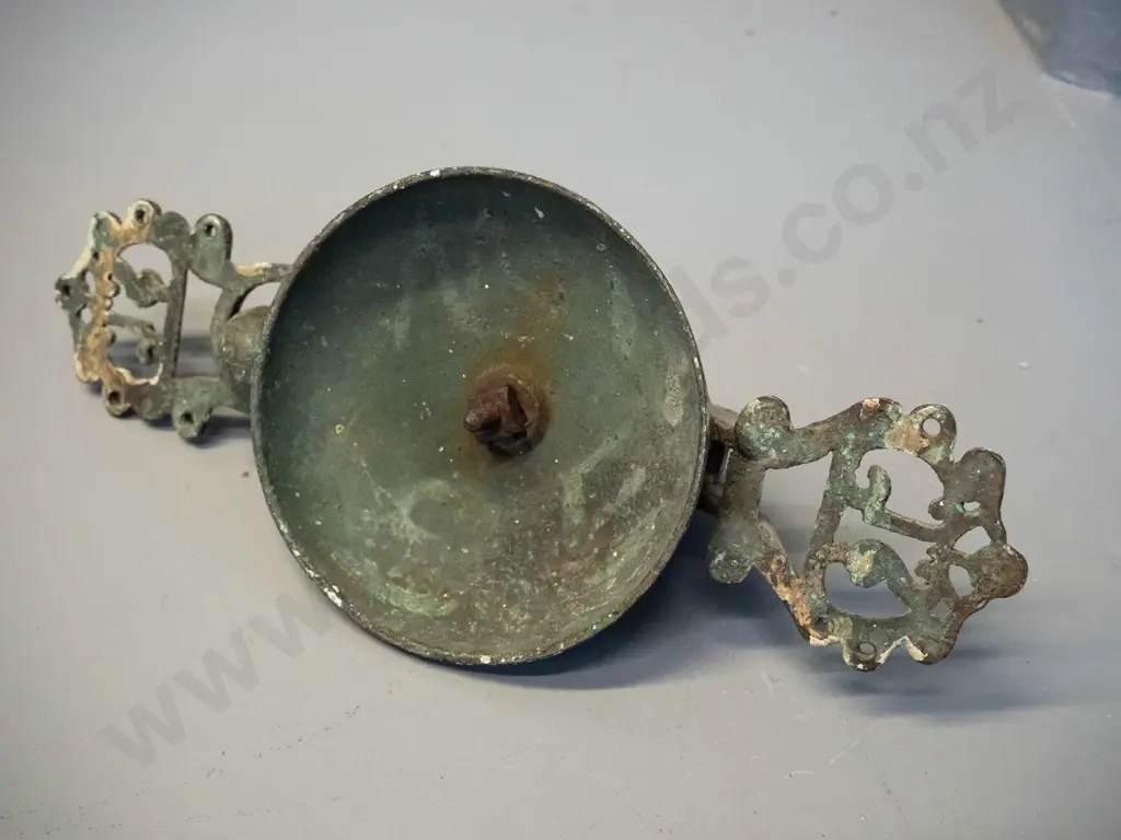 vintage cast brass vertical mount door bell with "SL" mark on brackets. General age wear, some paint remnants H-310 Bell Image 1++
