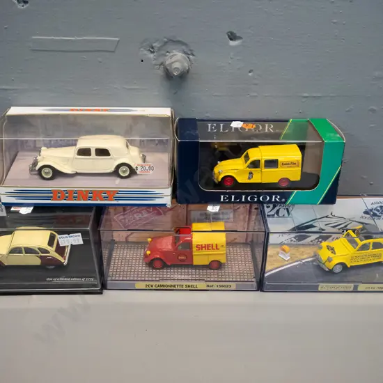 5 small die-cast Citroen model vehicles - Dinky, Norev, Eligor, etc.