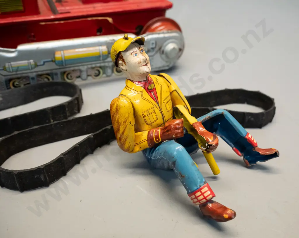 restorer's vintage battery powered tin toy bulldozer with articulated driver, plastic engine cover - rubber tracks have Image 1++